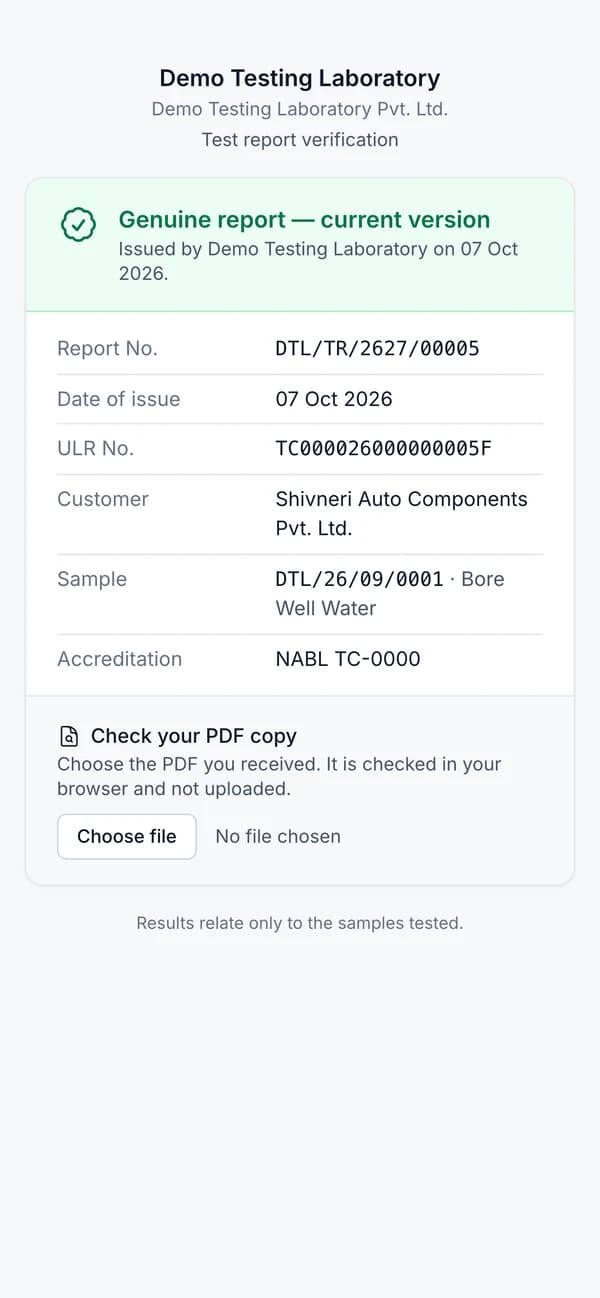 A demonstration test report verified on a phone